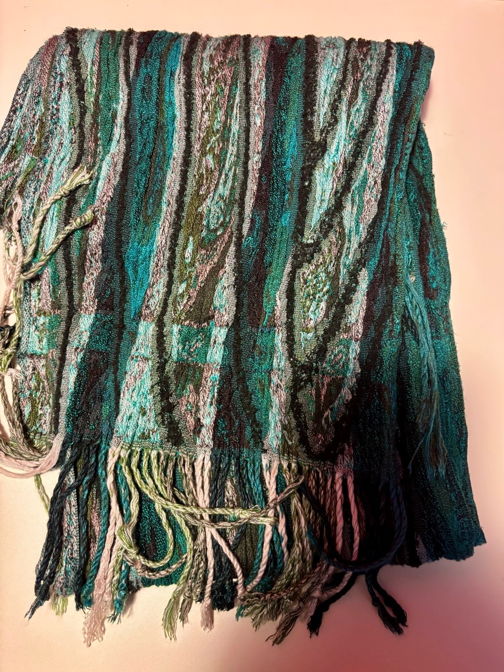 Teal Green and Tan Textured Silk/Viscose Scarf from Nepal
